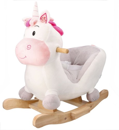 Biały jednorożec na biegunach z fotelikiem i pasami