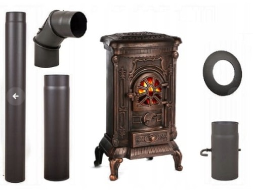 PIec wolnostojący kominek AMBRA żeliwo zdobiony miedziany + akcesoria