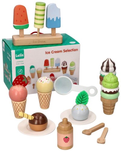 Drewniany zestaw do serwowania lodów 27 el. – kreatywna zabawa dla dzieci