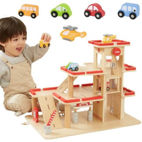 Drewniany Parking Garaż  3 Poziomy z Windą, Myjnią i Helikopterem – Zestaw dla Dzieci
