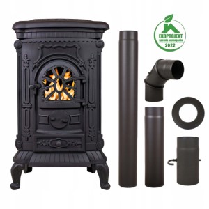 Piec żeliwny INGRID czarny zdobiony + akcesoria Kominek wolnostojący 