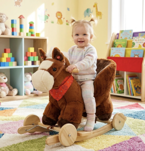 Konik na Biegunach 2w1 z Fotelikiem Pasem i Kołami Interaktywny Brązowy 10m+