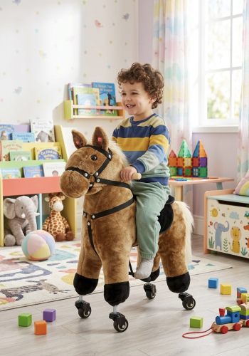 Brązowy Konik na Kółkach z Dźwiękiem – Stabilny Jeździk dla Dzieci 3+