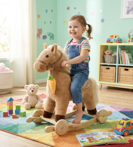 Konik na biegunach z Marchewką 2w1 z dźwiękiem i kołami – zabawka bujana i jeździk dla dzieci 3+