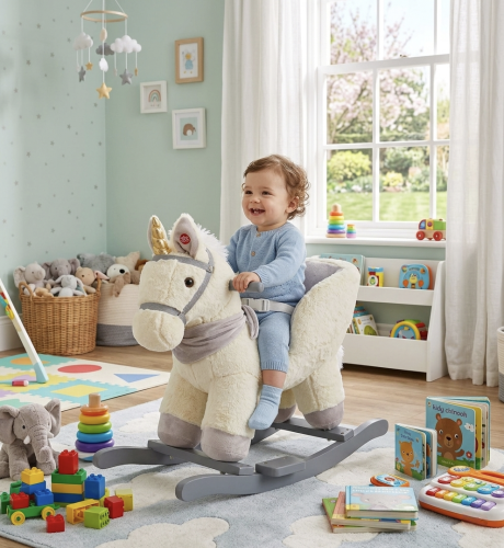 Jednorożec na biegunach z fotelikiem i pasem pluszowy dla dzieci 10m+