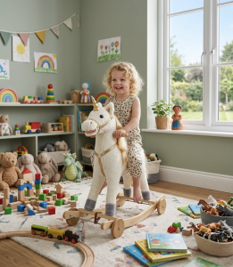 Złoty konik jednorożec na biegunach z kołami interaktywny 3+