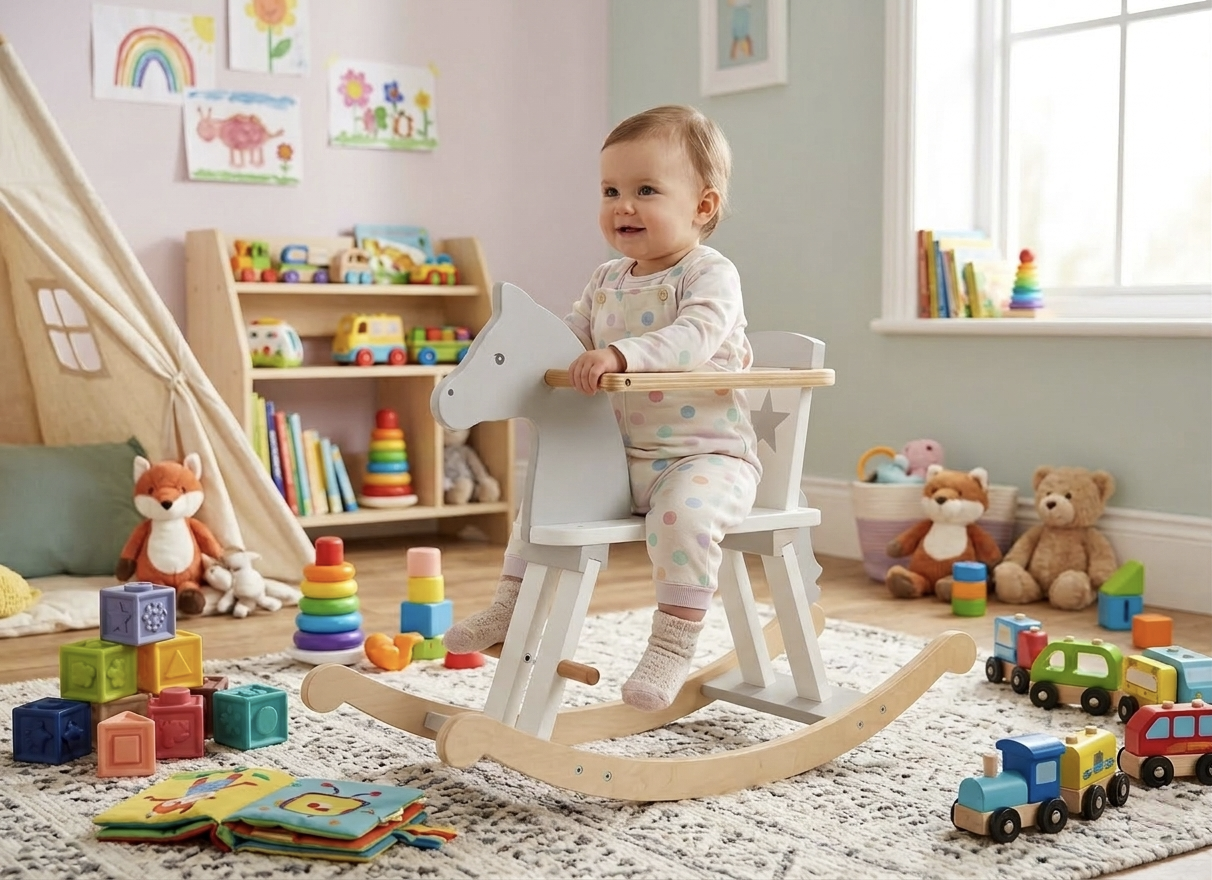 Drewniany konik na biegunach z barierkami 1+