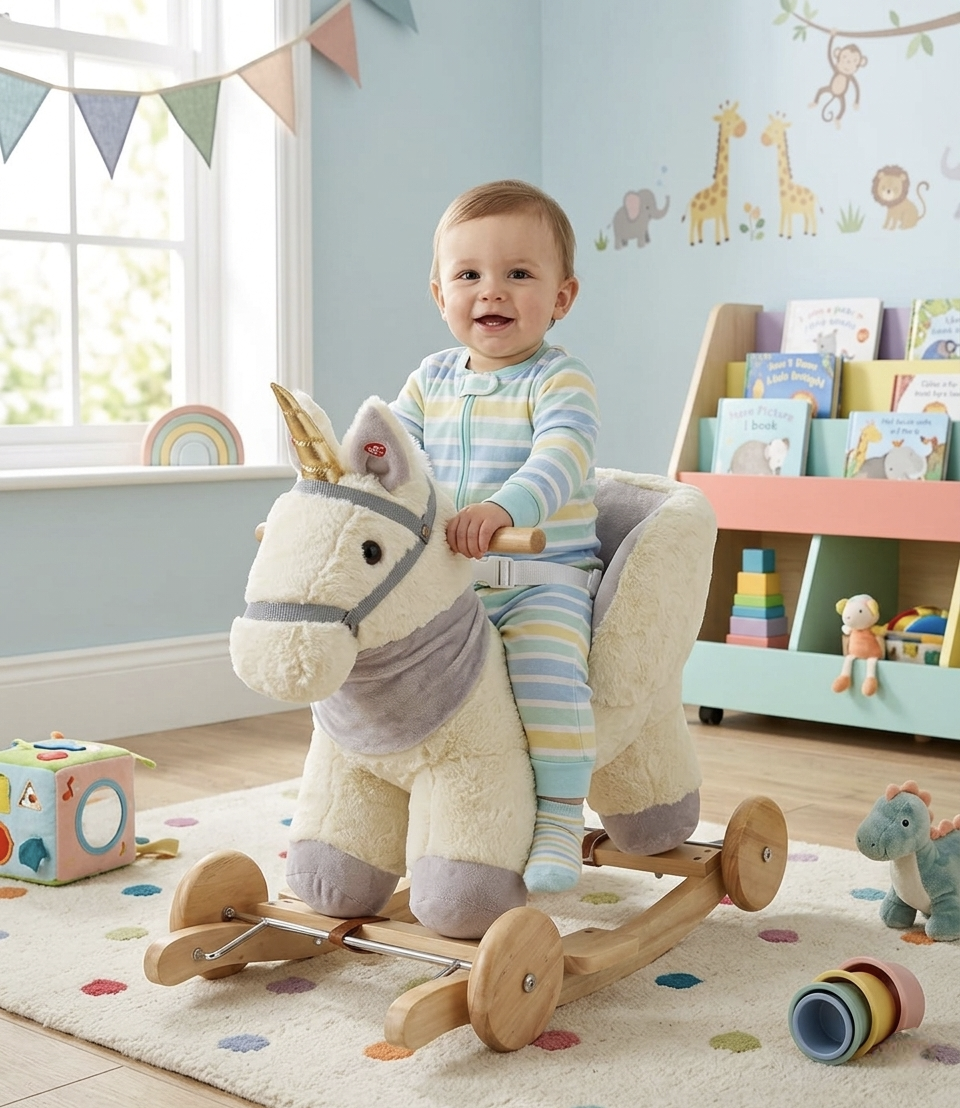 Konik Jednorożec na biegunach z kołami i pasem