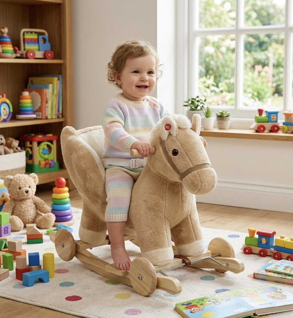 Pluszowy Pegaz Bujaczek z kołami 2w1 z fotelikiem i pasem bezpieczeństwa, dźwięki dla dzieci 10m+