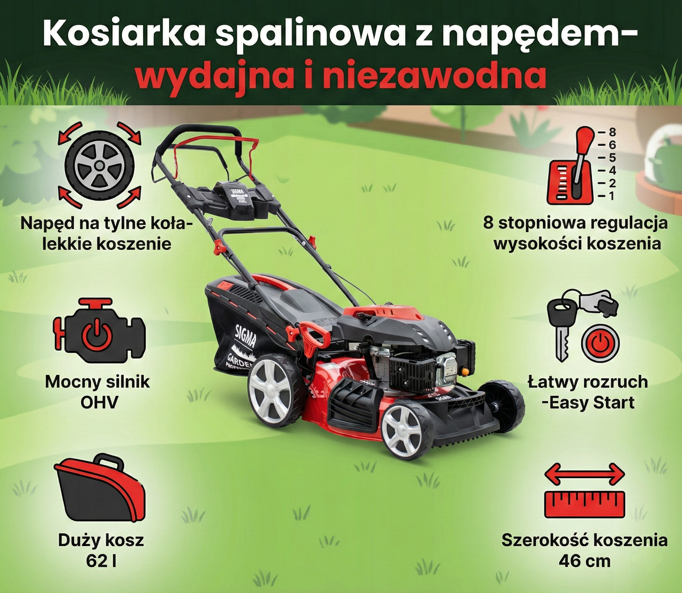 Kosiarka spalinowa z napędem 46 cm SIGMA GARDEN kosz 62l 