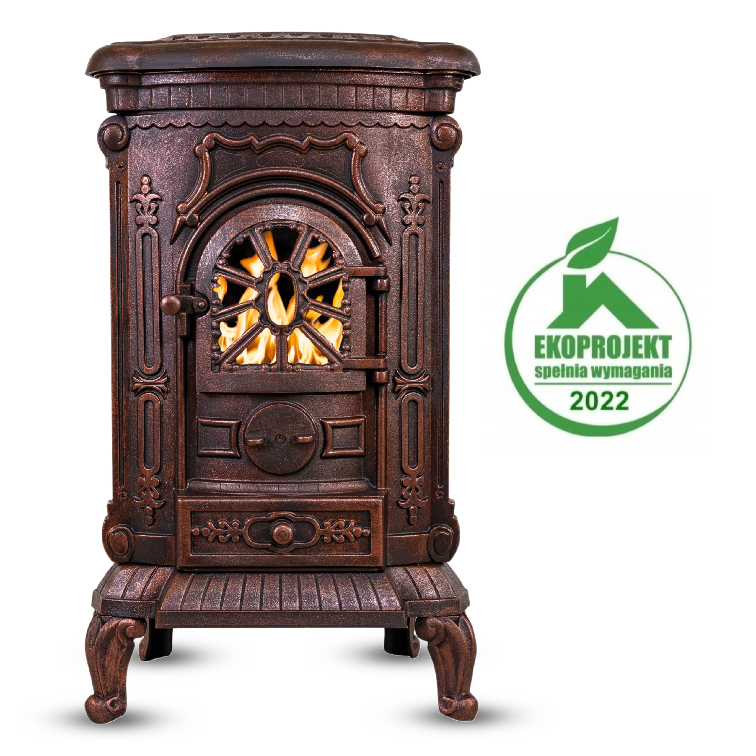 PIec wolnostojący kominek AMBRA żeliwo zdobiony miedziany