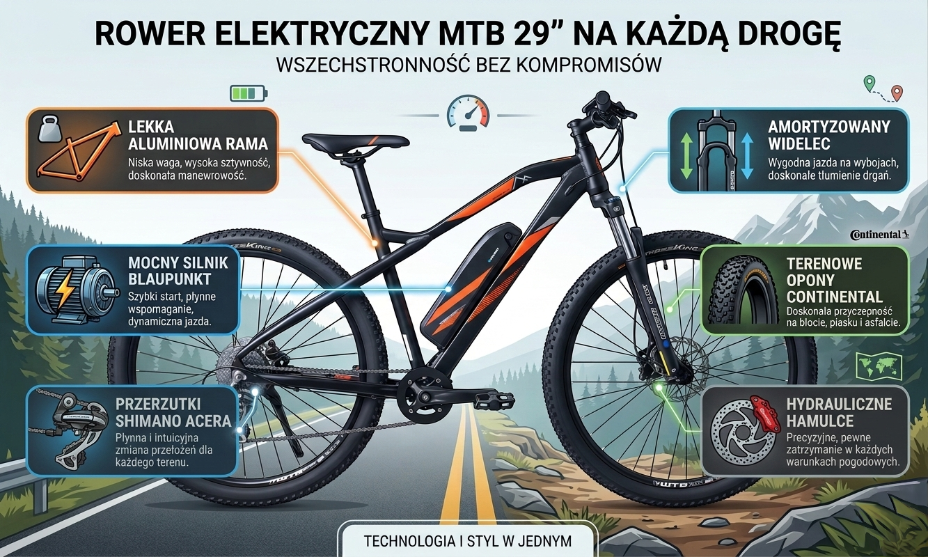 Rower Elektryczny MTB 29 Prophete Aluminiowa Rama 19 cali Hamulce Tarczowe Hydrauliczne Zasięg do 100km