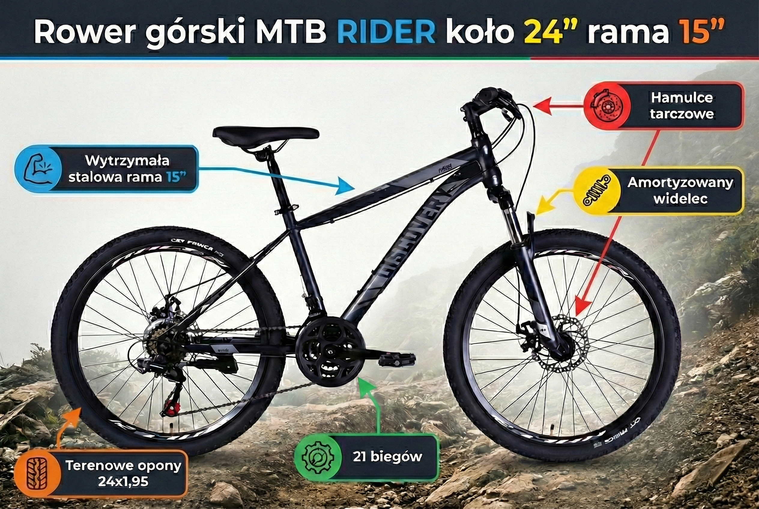 Rower górski MTB RIDER koło 24 cale rama 15 cali