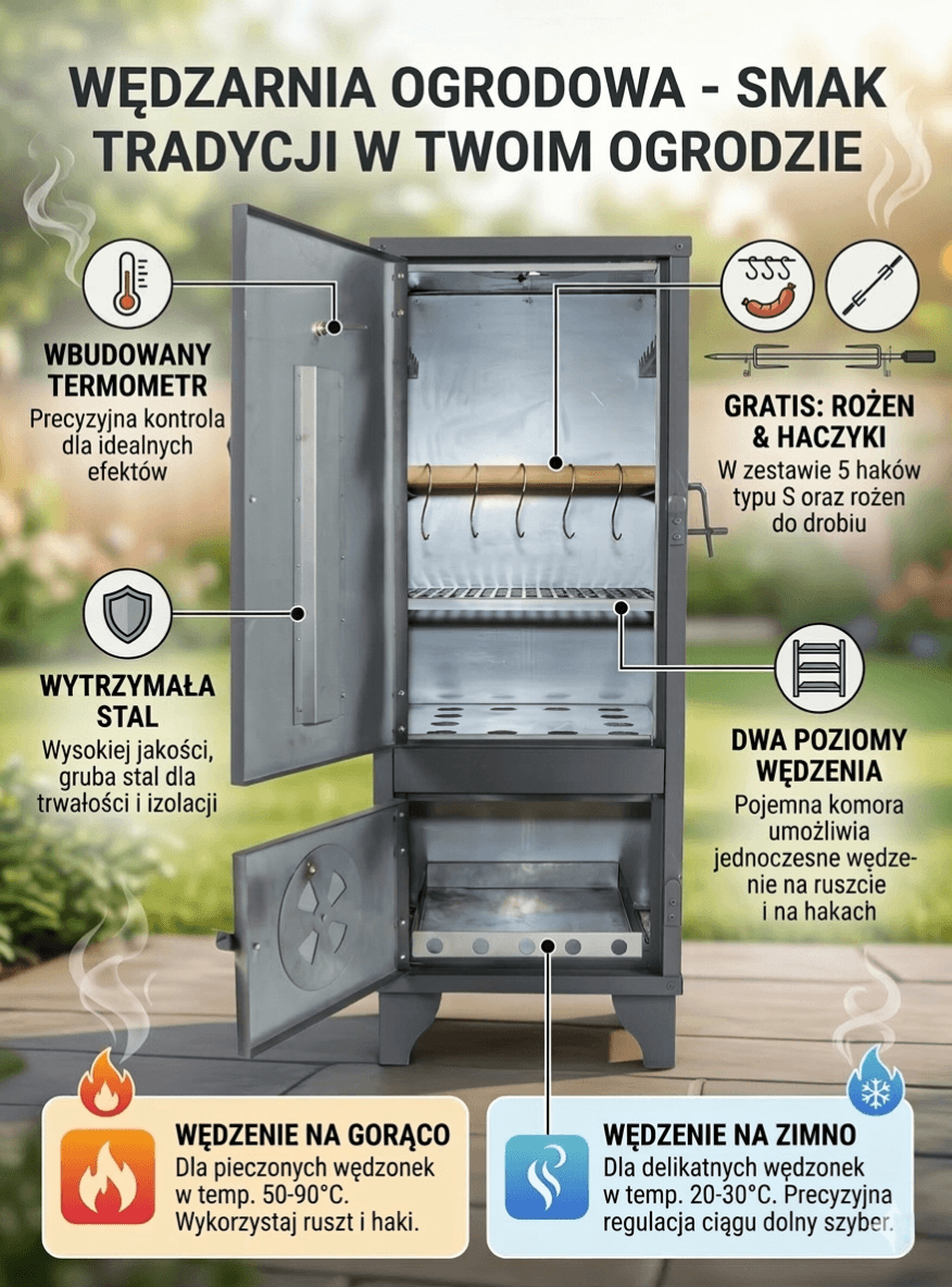 Domowa Wędzarnia Ogrodowa + Gratis  Smak Tradycji w Twoim Ogrodzie! Z termometrem, 112 cm Stalowa
