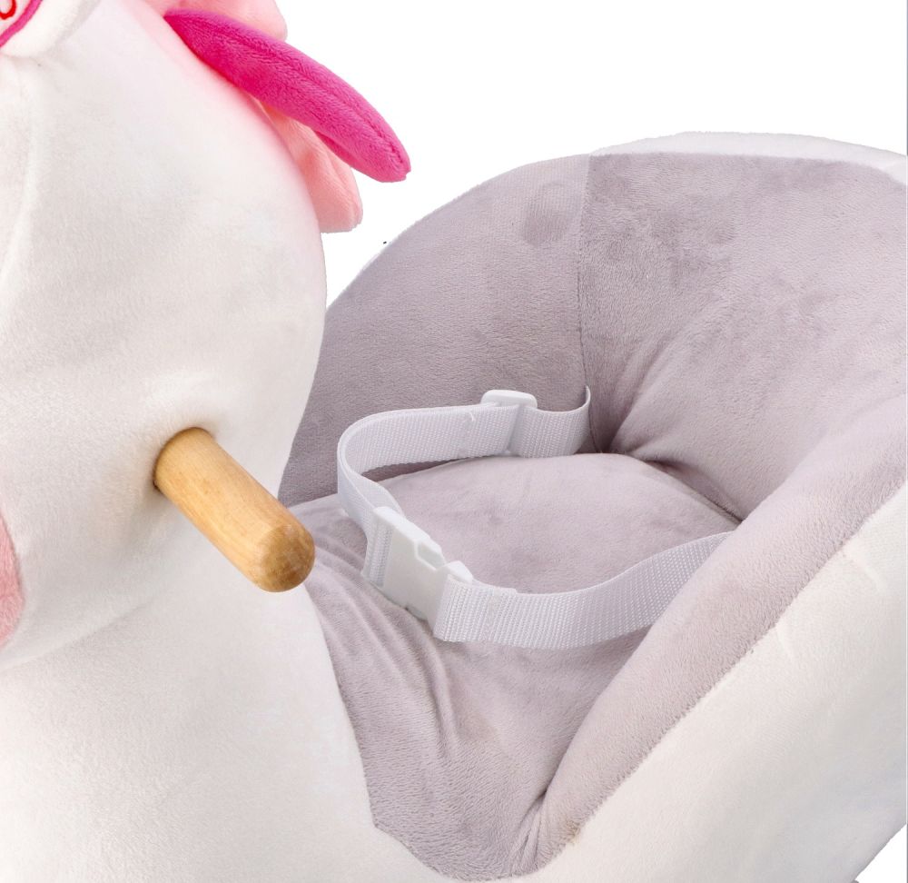 Biały jednorożec na biegunach z fotelikiem i pasami