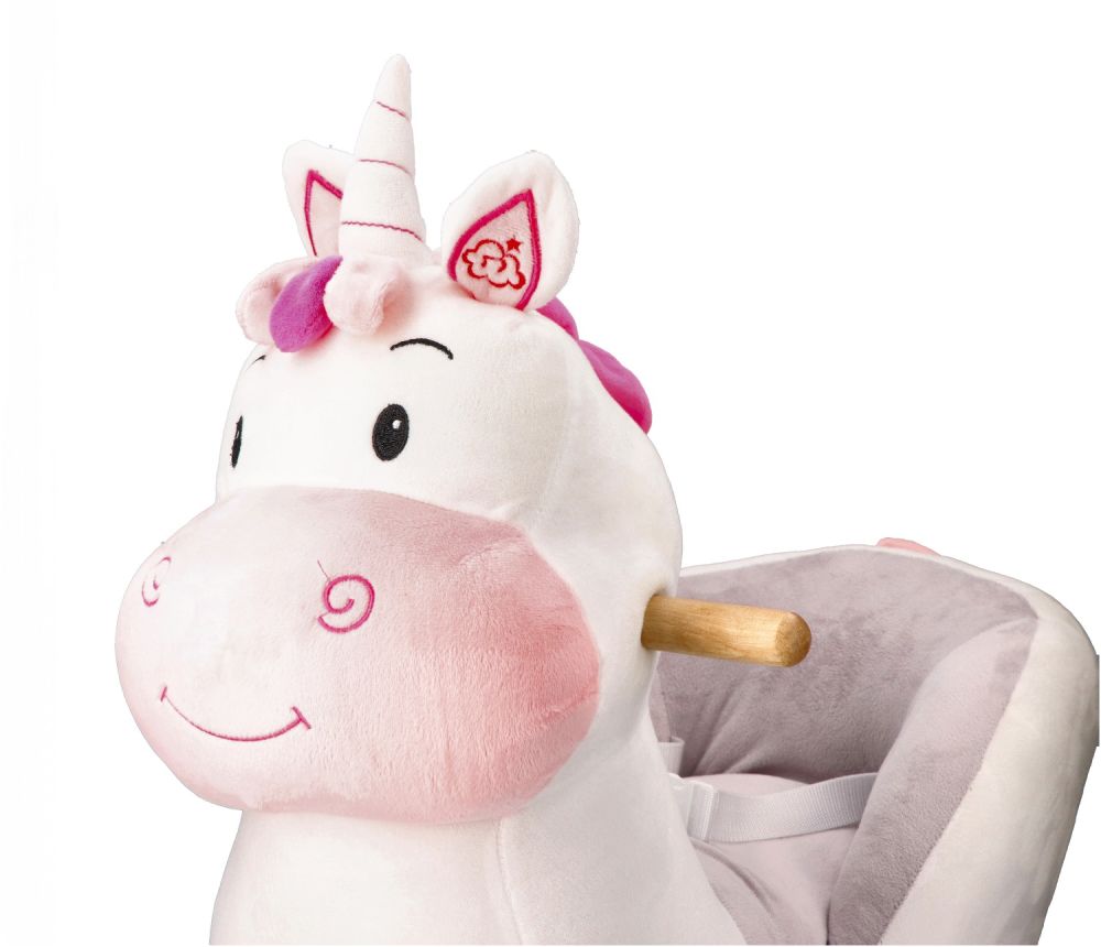 Biały jednorożec na biegunach z fotelikiem i pasami