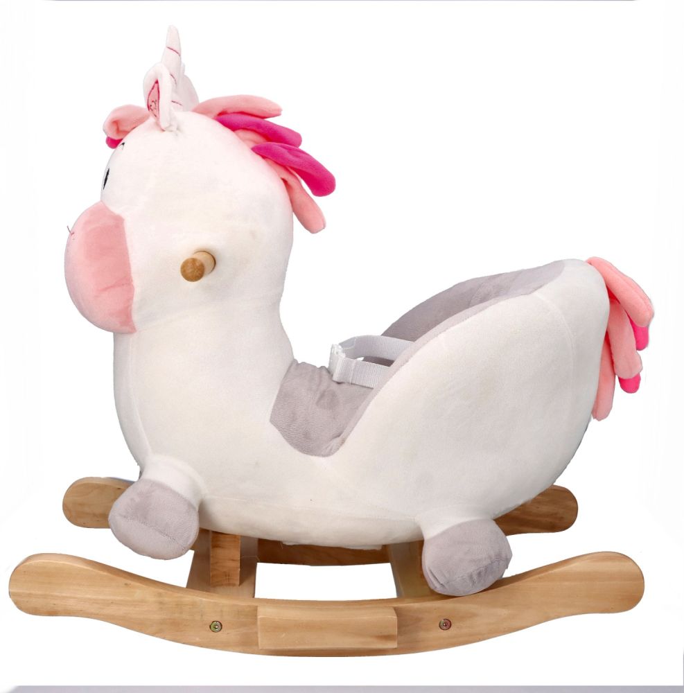 Biały jednorożec na biegunach z fotelikiem i pasami