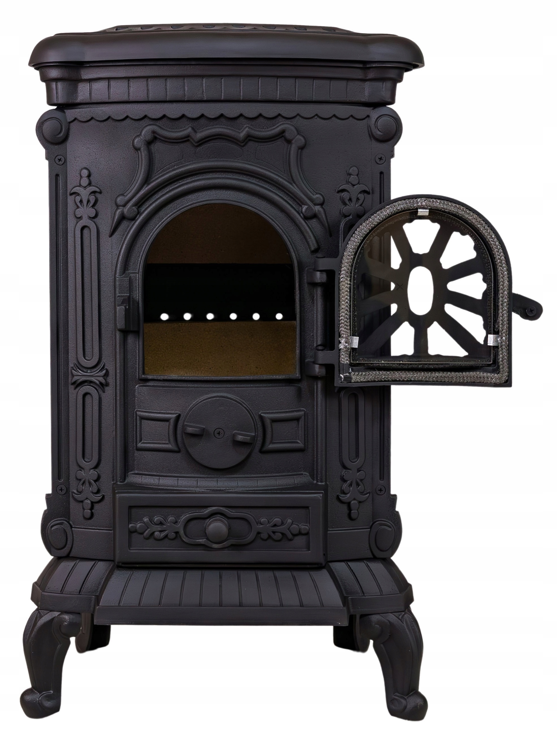 Piec żeliwny wolnostojący kominek INGRID zdobiony czarny + akcesoria