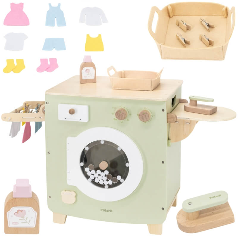 Pralka zabawka dla dzieci drewniana bogate wyposażenie 