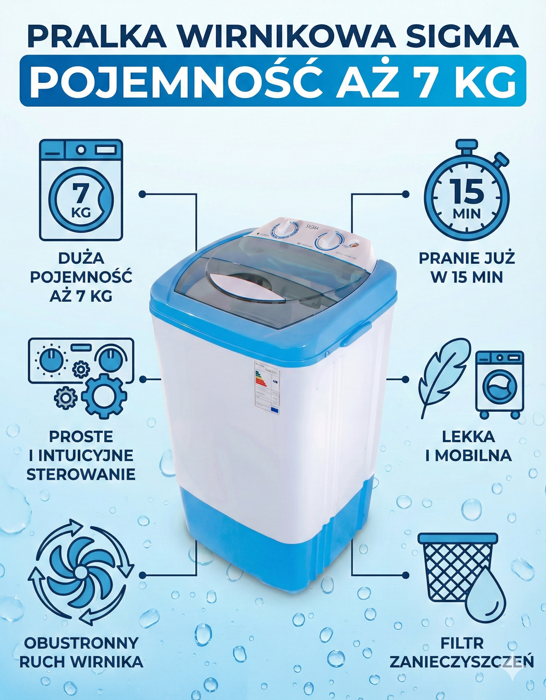 Pralka wirnikowa SIGMA pojemność 7 kg