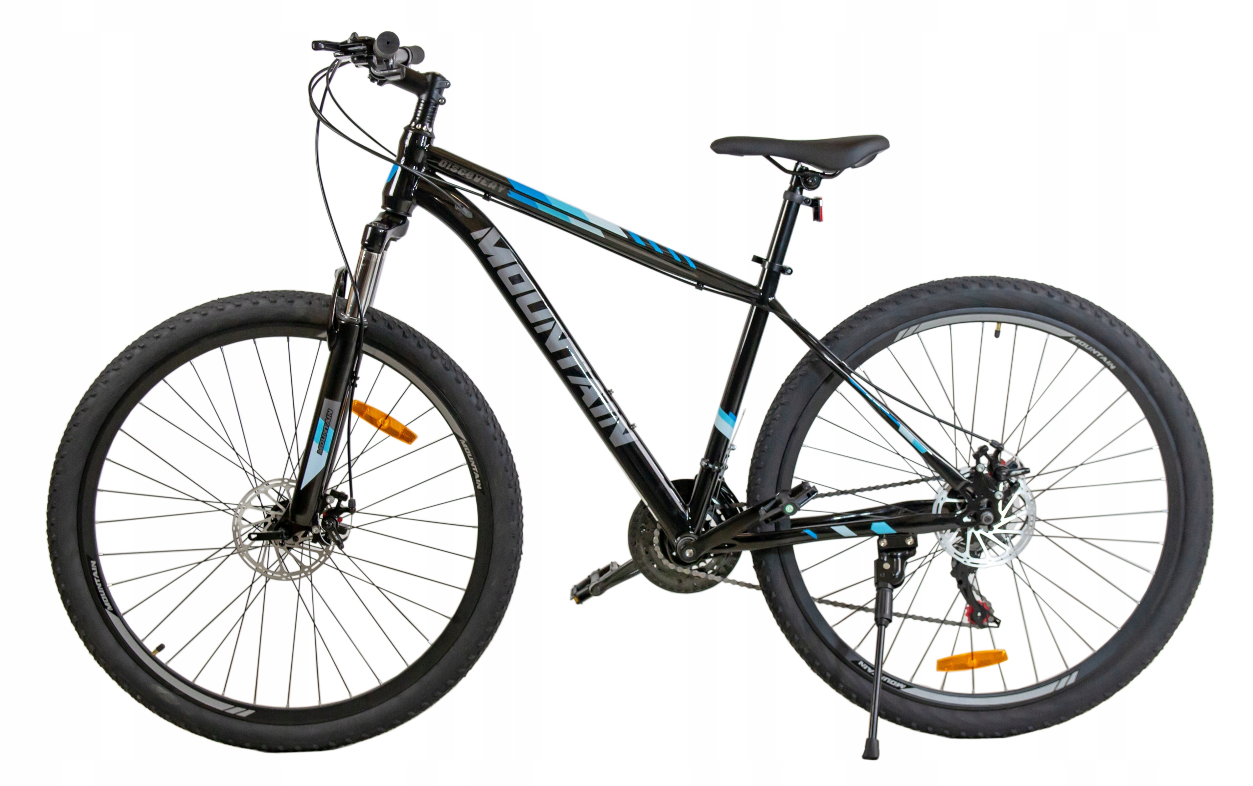 Amortyzator i koła 29 cali w rowerze górskim męskim czarno-niebieskim