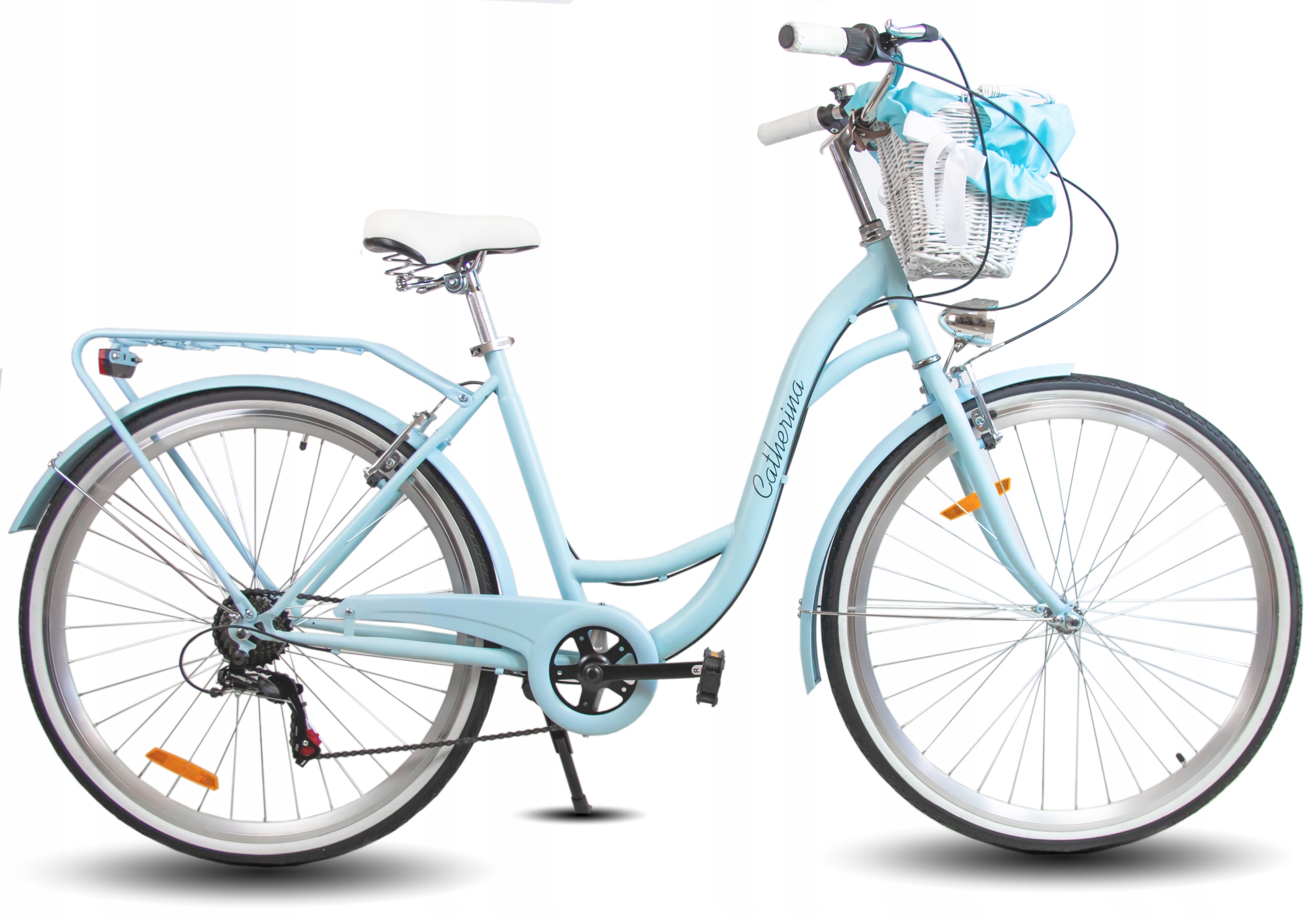 Rower Miejski Damski Catherina błękitny w pełnym wyposażeniu