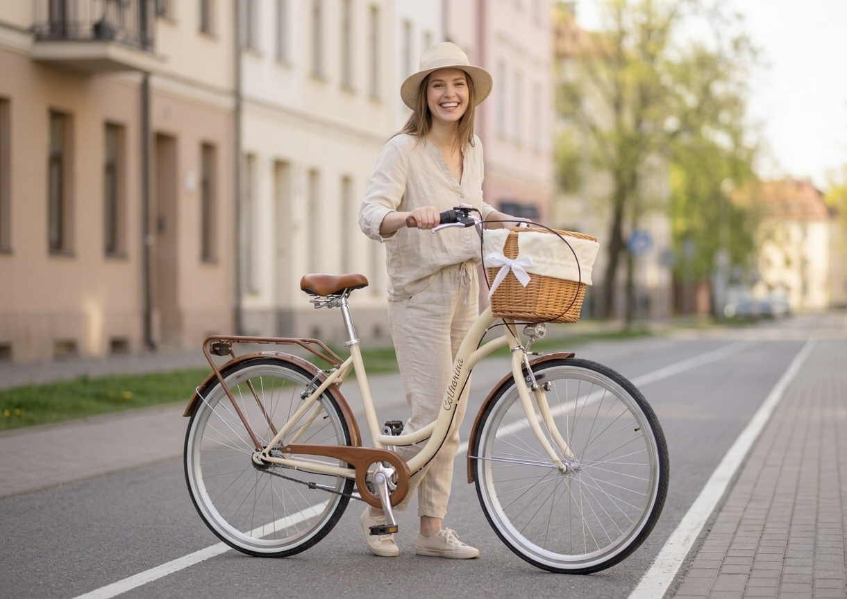 Rower Miejski Damski Catherina Kremowy w plenerze