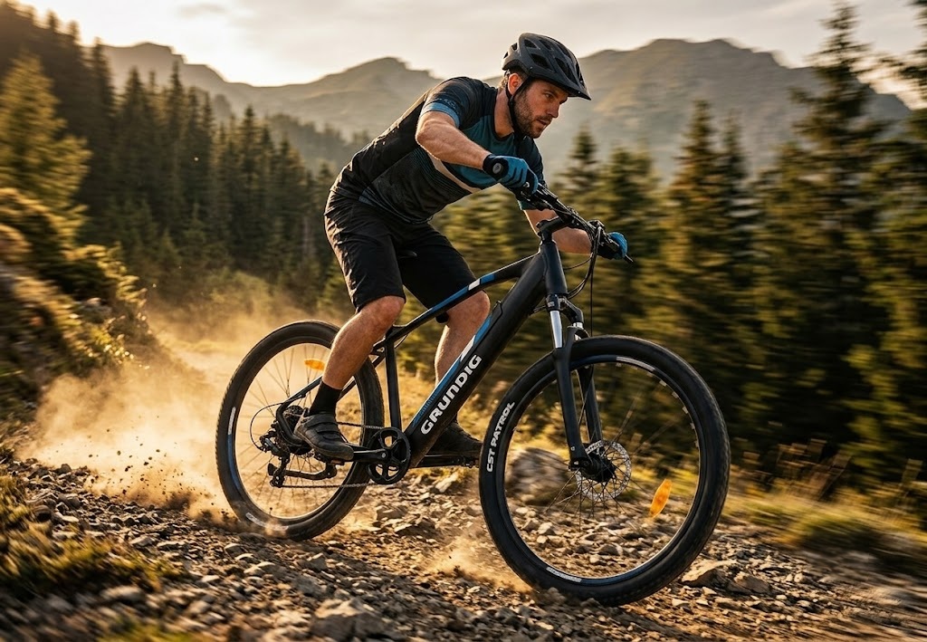 Rower elektryczny e-bike Grundig w terenie leśnym