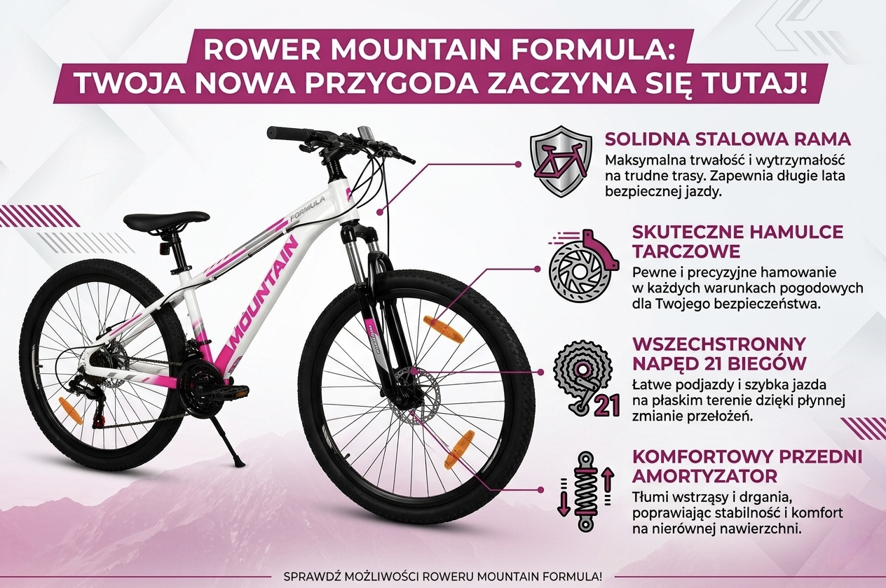 Rower Górski MTB 26 cali Rama 13 cali Hamulce Tarczowe Amortyzator Biało-Różowy (140-155 cm)