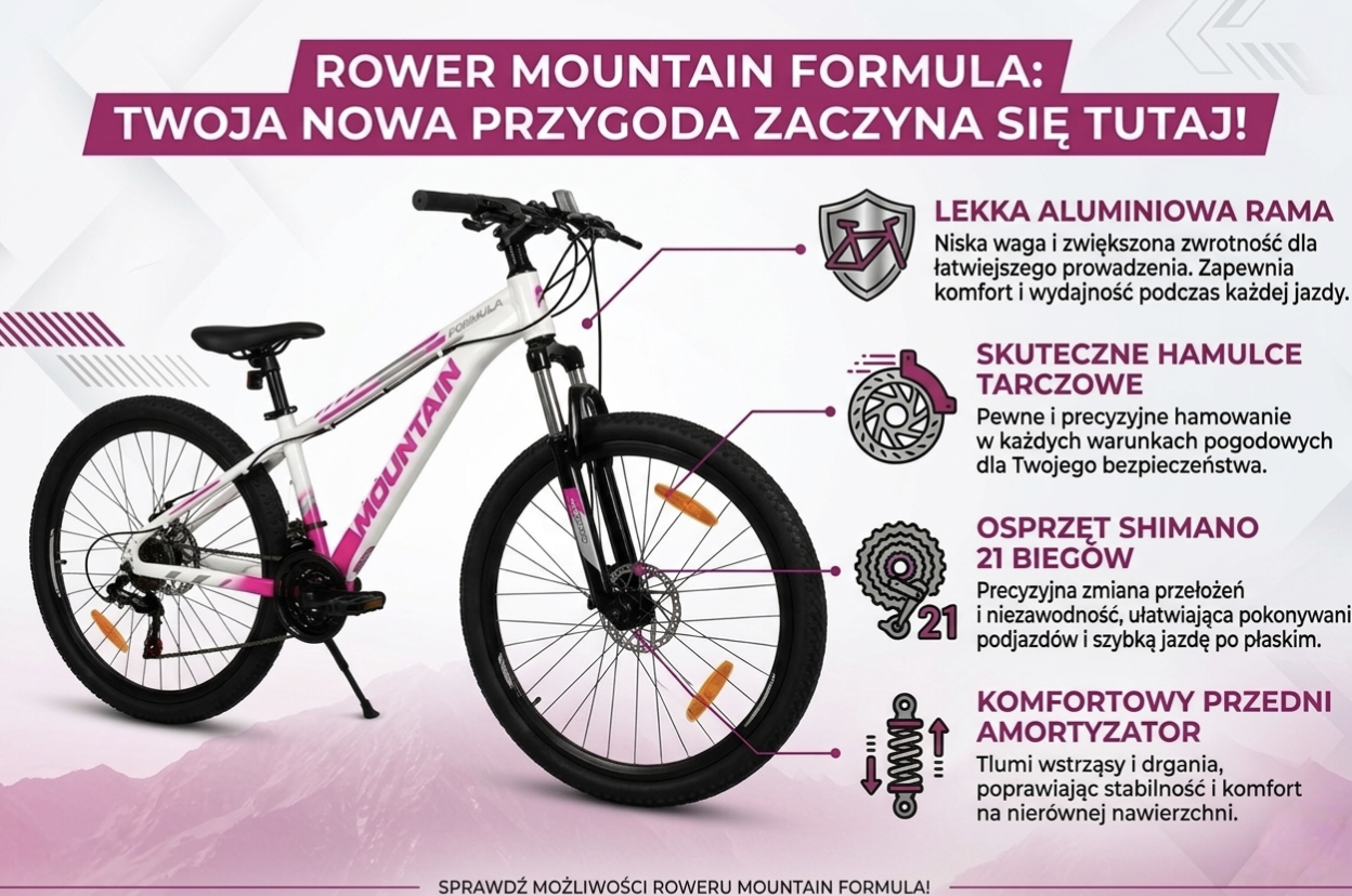 Rower Górski MTB 26 cali Rama Aluminiowa 13" Hamulce Tarczowe Amortyzator Biało-Różowy (140-155 cm)