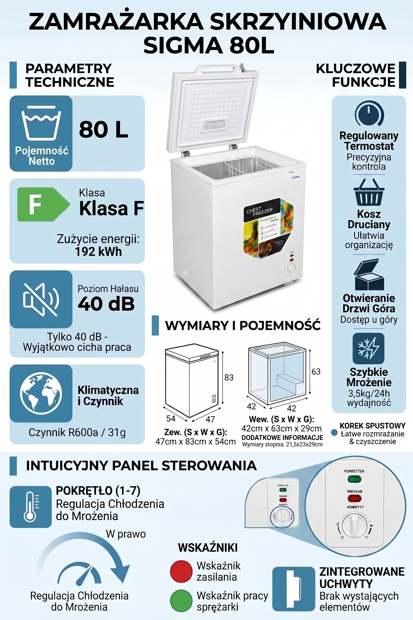 Zamrażarka Skrzyniowa Wolnostojąca 80L Biała – Kompaktowa z Szybkim Mrożeniem