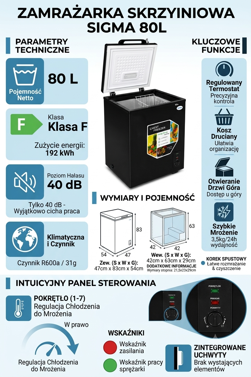 Elegancka czarna zamrażarka skrzyniowa 80L z infografiką