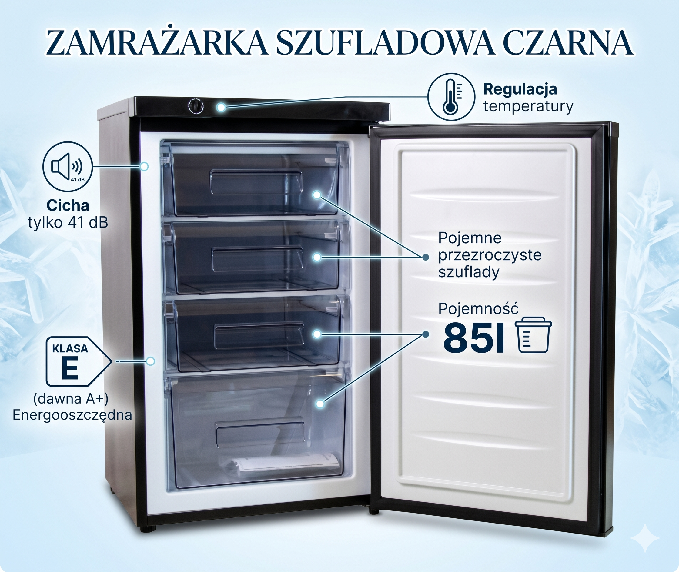 Czarna zamrażarka szufladowa 85L Sigma - nowoczesne mrożenie